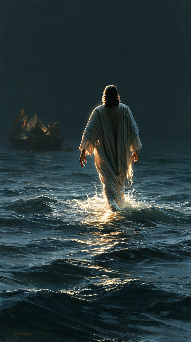 Jesus Walking on Water — The Golden Step beneath the Starless Sky