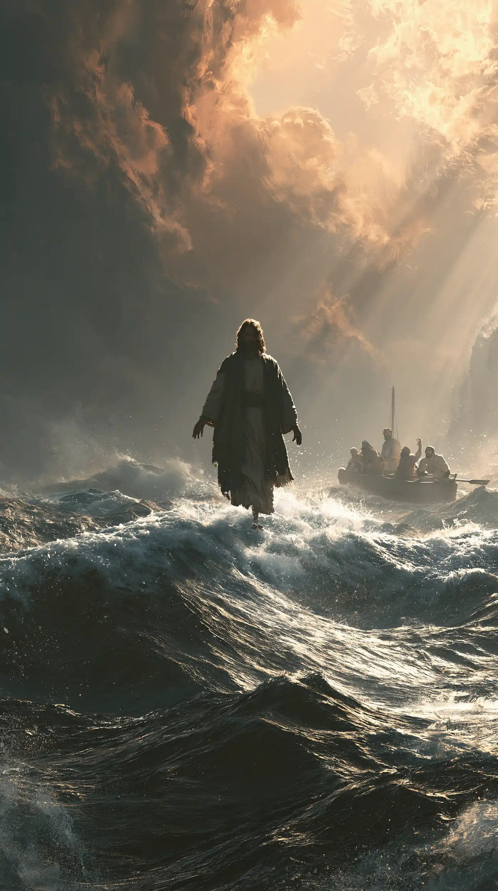 Jesus walking on water in Midnight Blue Chiaroscuro style, portrait Christian artwork no. 11