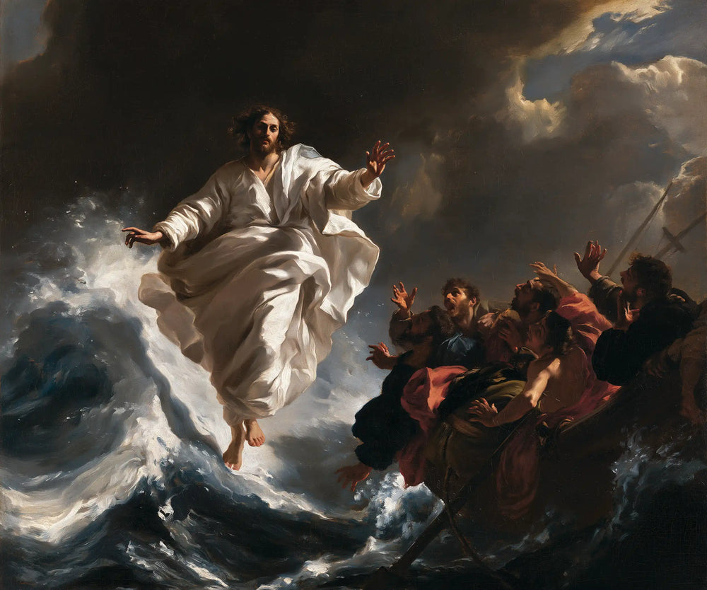 Jesus walking on water in Theatrical Baroque style, landscape Christian artwork no. 4