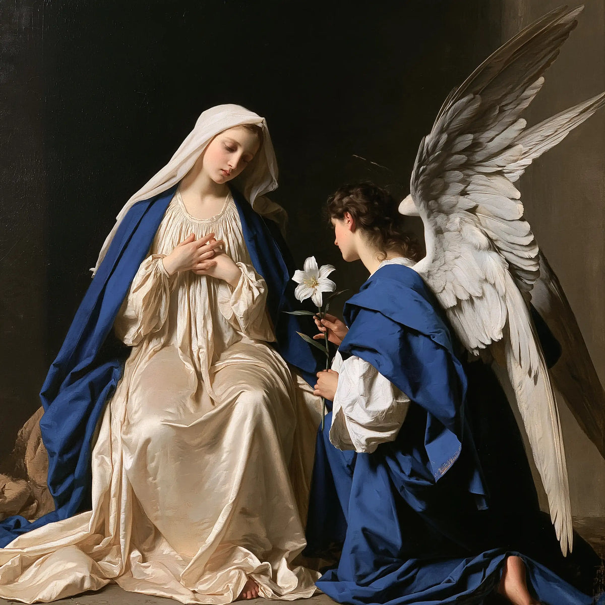 Mary and Gabriel in Blue-Black Silence – Caravaggio-Inspired Tenebrist Art · Square