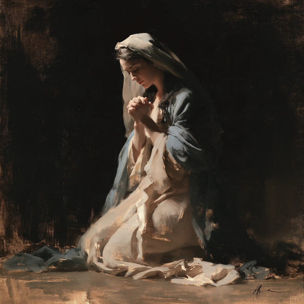 the Virgin Mary in prayer in Black and Gold style, square Christian artwork no. 4