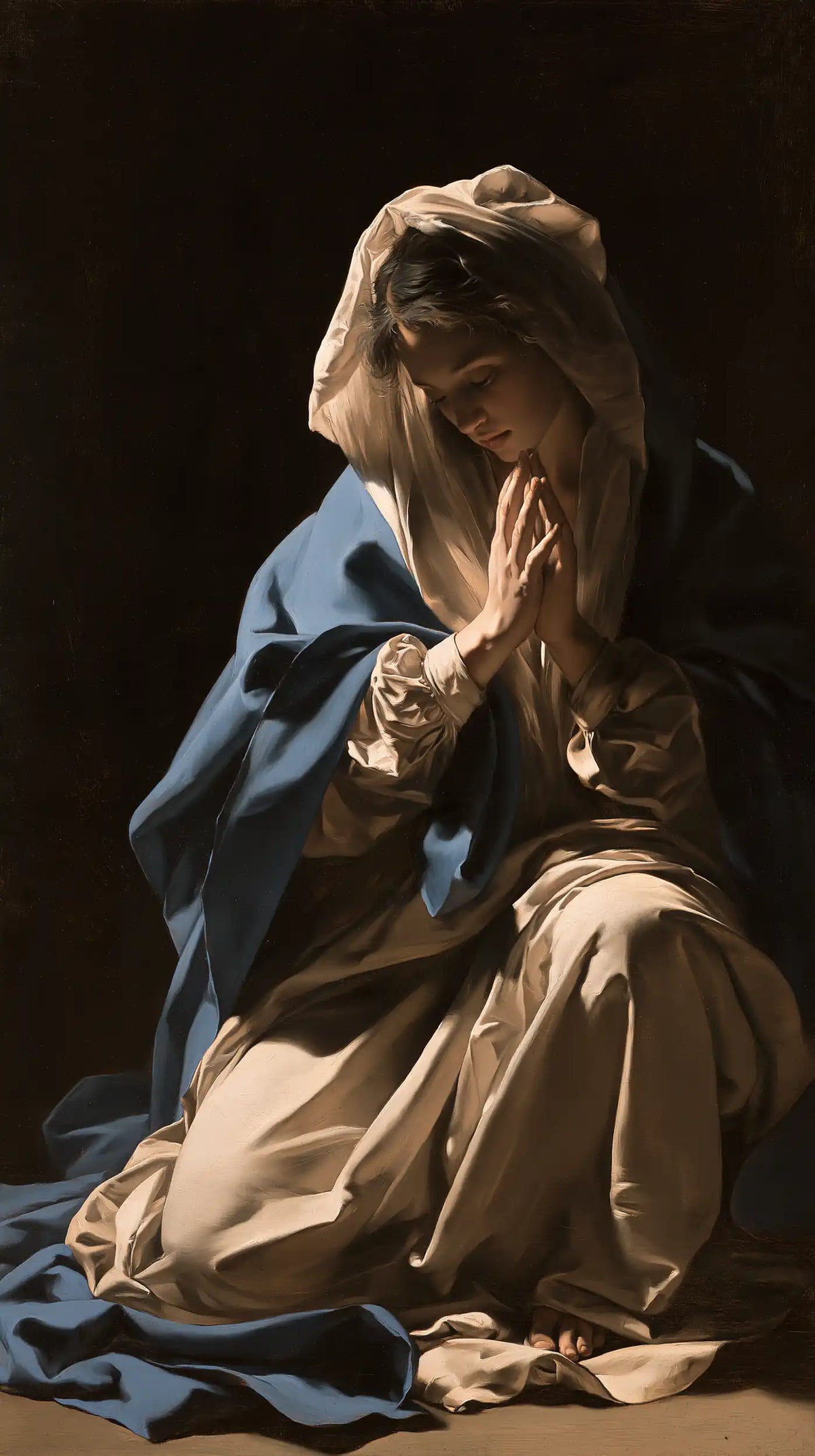 Virgin Mary in Prayer — The Veil and the Luminous Cheek