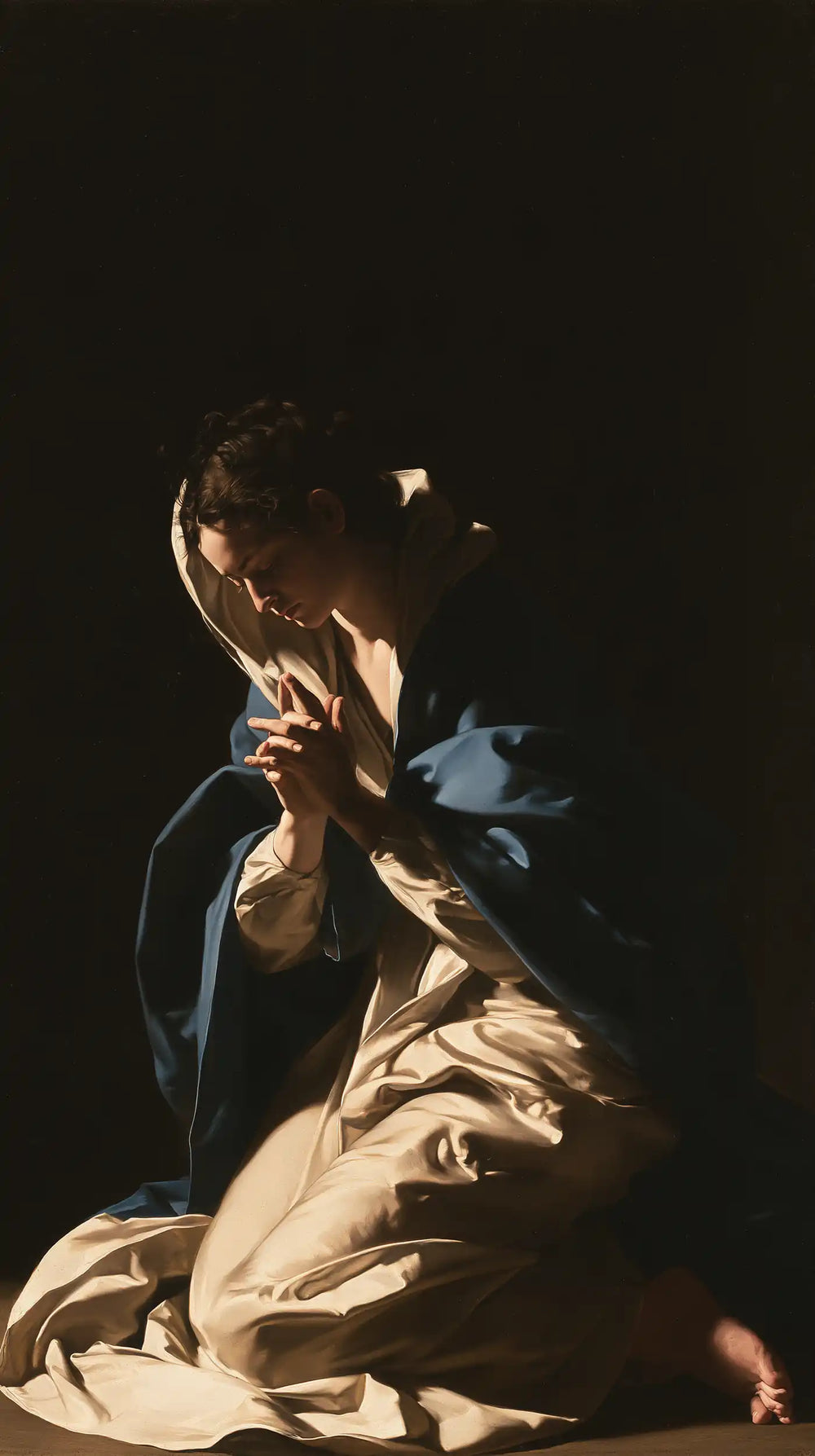 the Virgin Mary in prayer in Caravaggio Tenebrism style, portrait Christian artwork no. 7