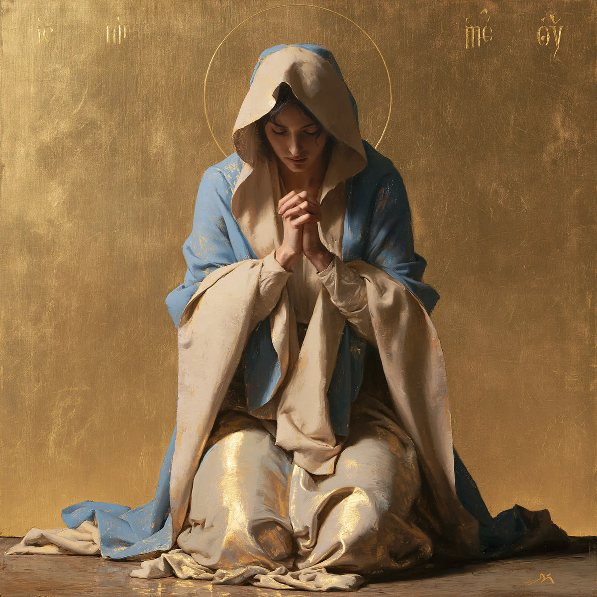 the Virgin Mary in prayer in Contemporary Byzantine style, square Christian artwork no. 5