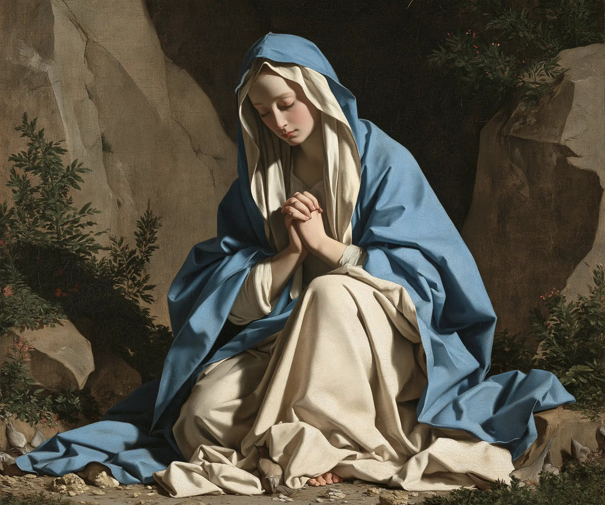 the Virgin Mary in prayer in Florentine Renaissance style, landscape Christian artwork no. 2