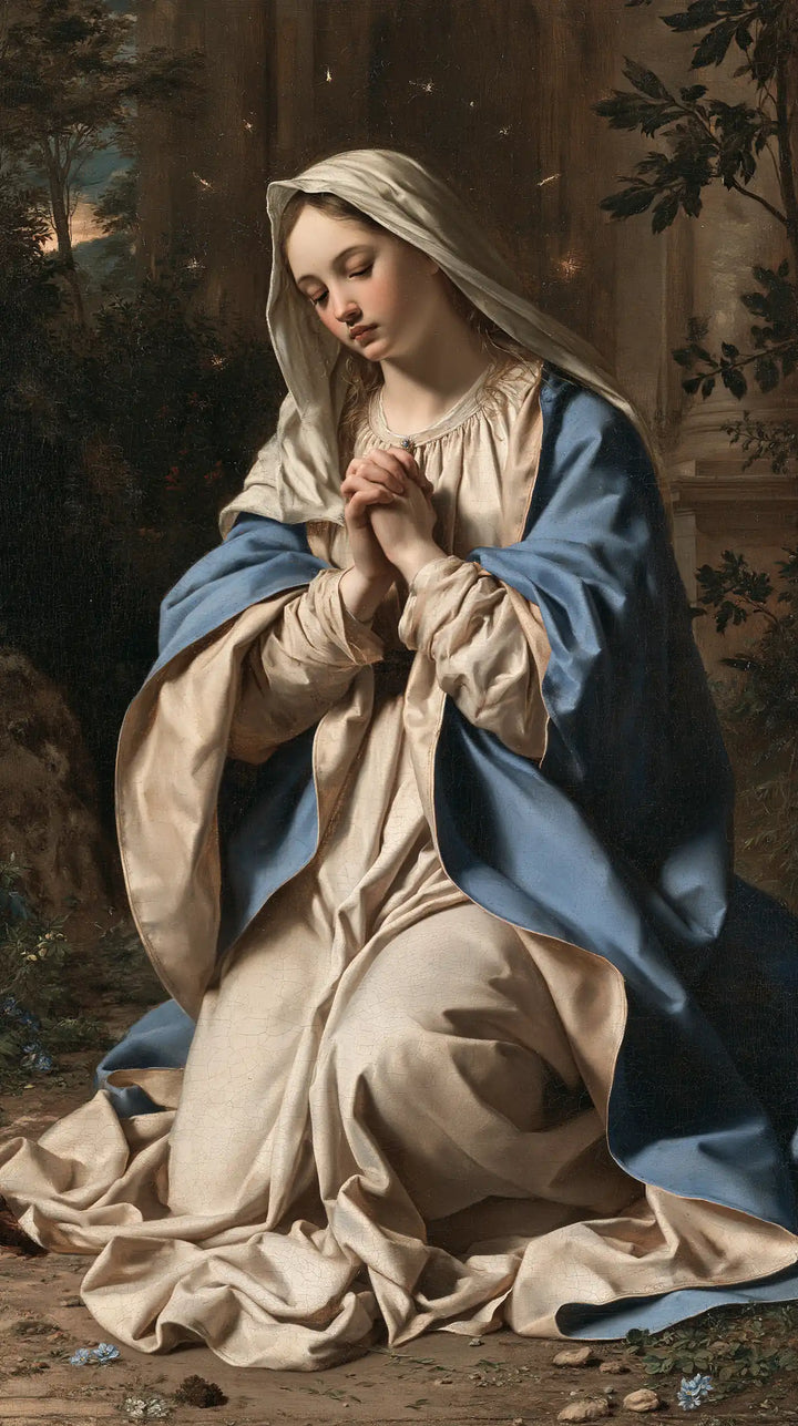 Virgin Mary in Prayer — Sleeves in the Garden’s Soft Light