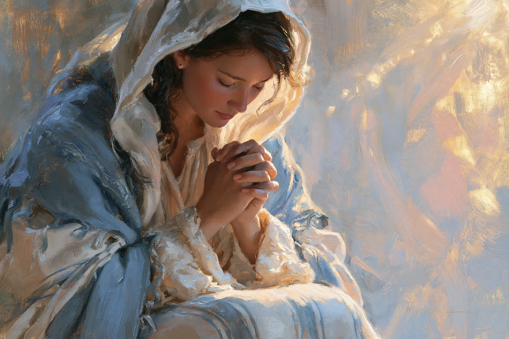 the Virgin Mary in prayer in Impressionist style, landscape Christian artwork no. 8