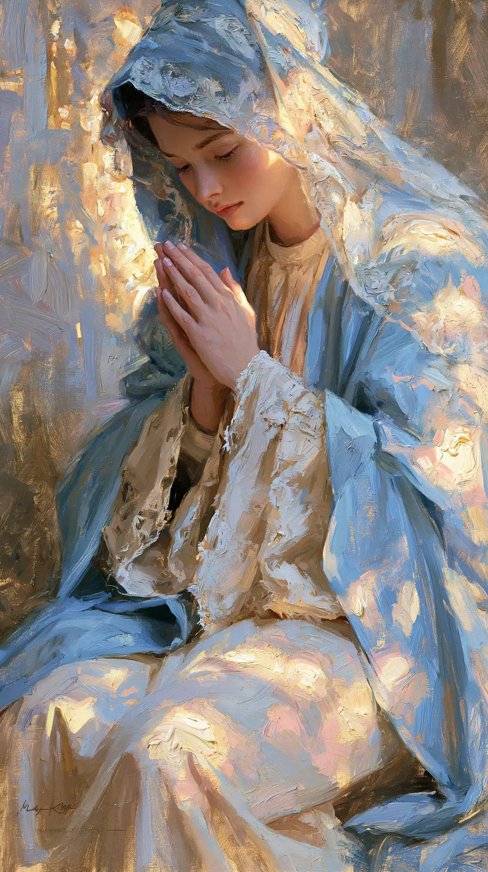the Virgin Mary in prayer in Impressionist style, portrait Christian artwork no. 8