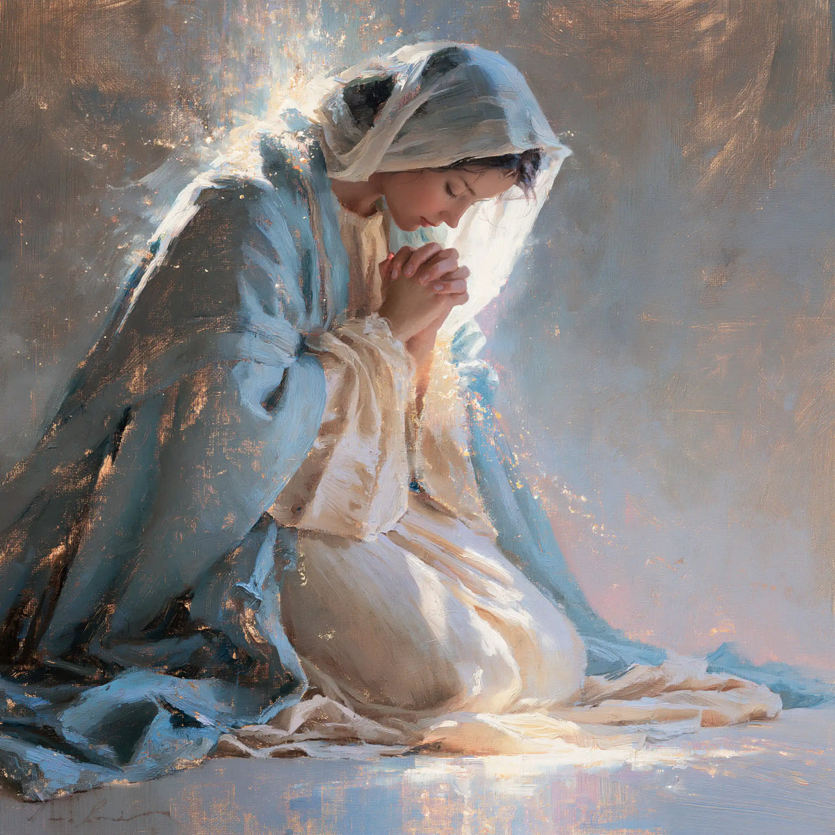 Virgin Mary in Prayer — The Cool Gleam around the Veil