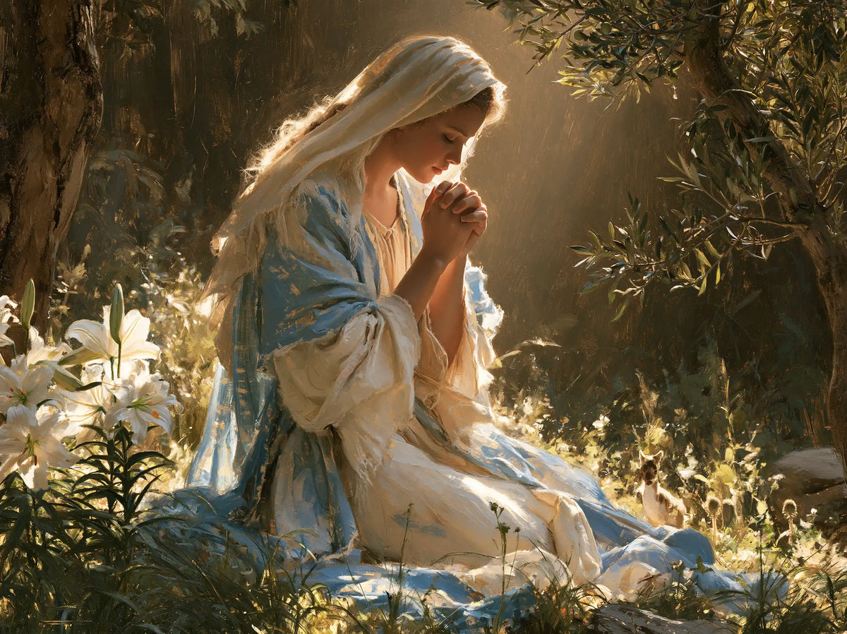 the Virgin Mary praying in a sacred garden in Mary in a Sacred Garden style, landscape Christian artwork no. 4