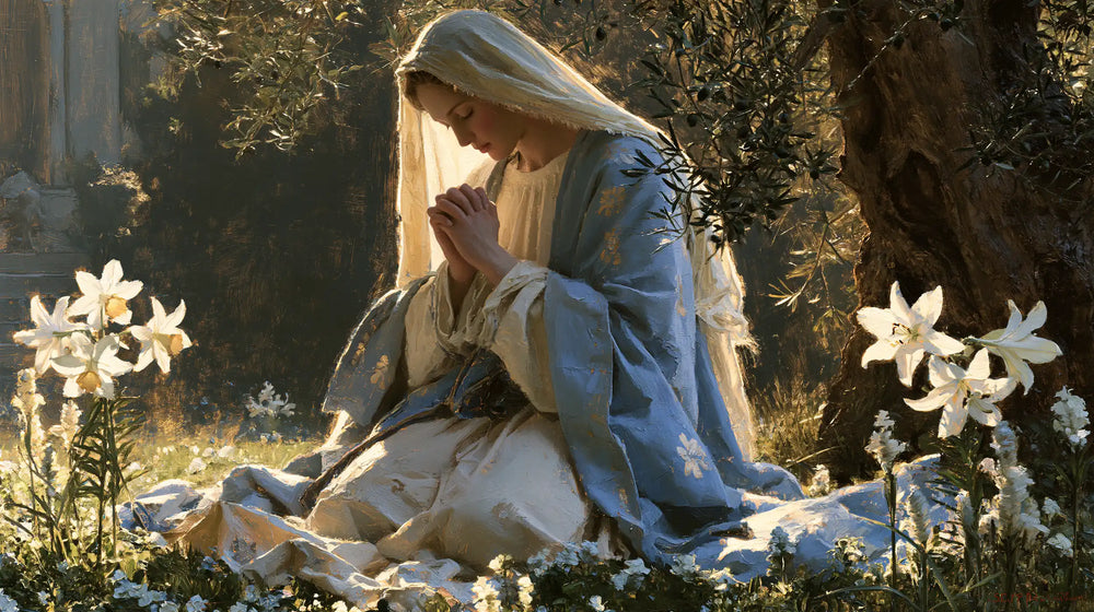 the Virgin Mary praying in a sacred garden in Mary in a Sacred Garden style, landscape Christian artwork no. 11
