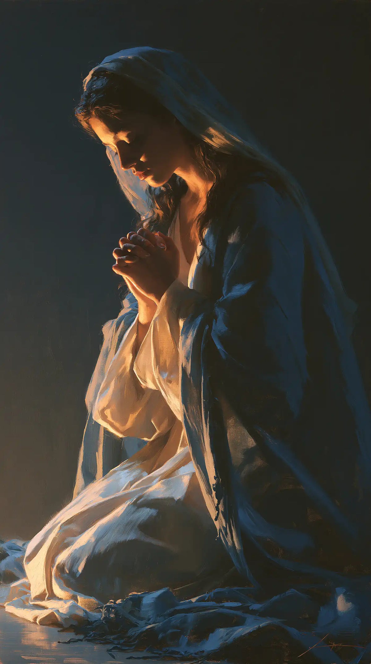 Virgin Mary in Prayer — Fingers in Blue Silence