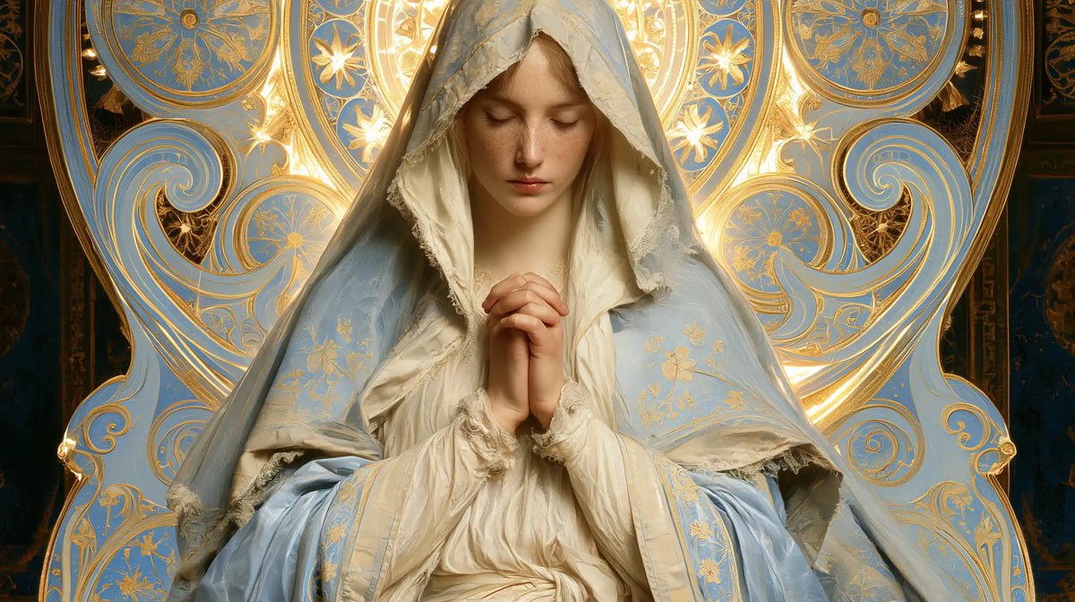 the Virgin Mary in prayer in Sacred Art Nouveau style, landscape Christian artwork no. 13