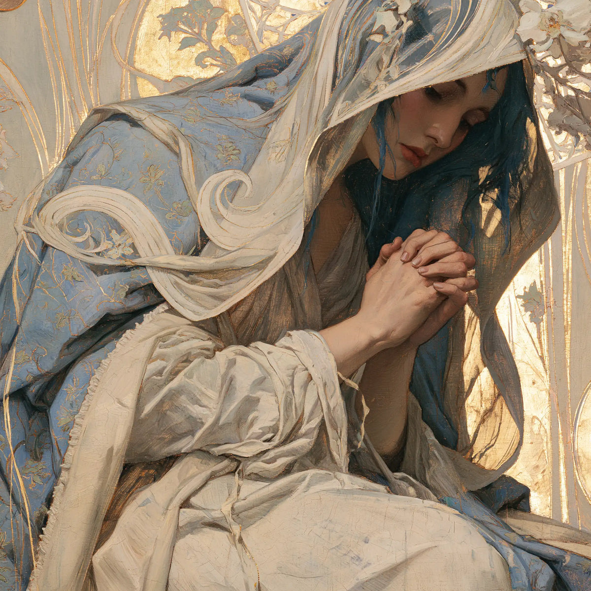 Virgin Mary in Prayer — The Veil of Ivory Arabesques