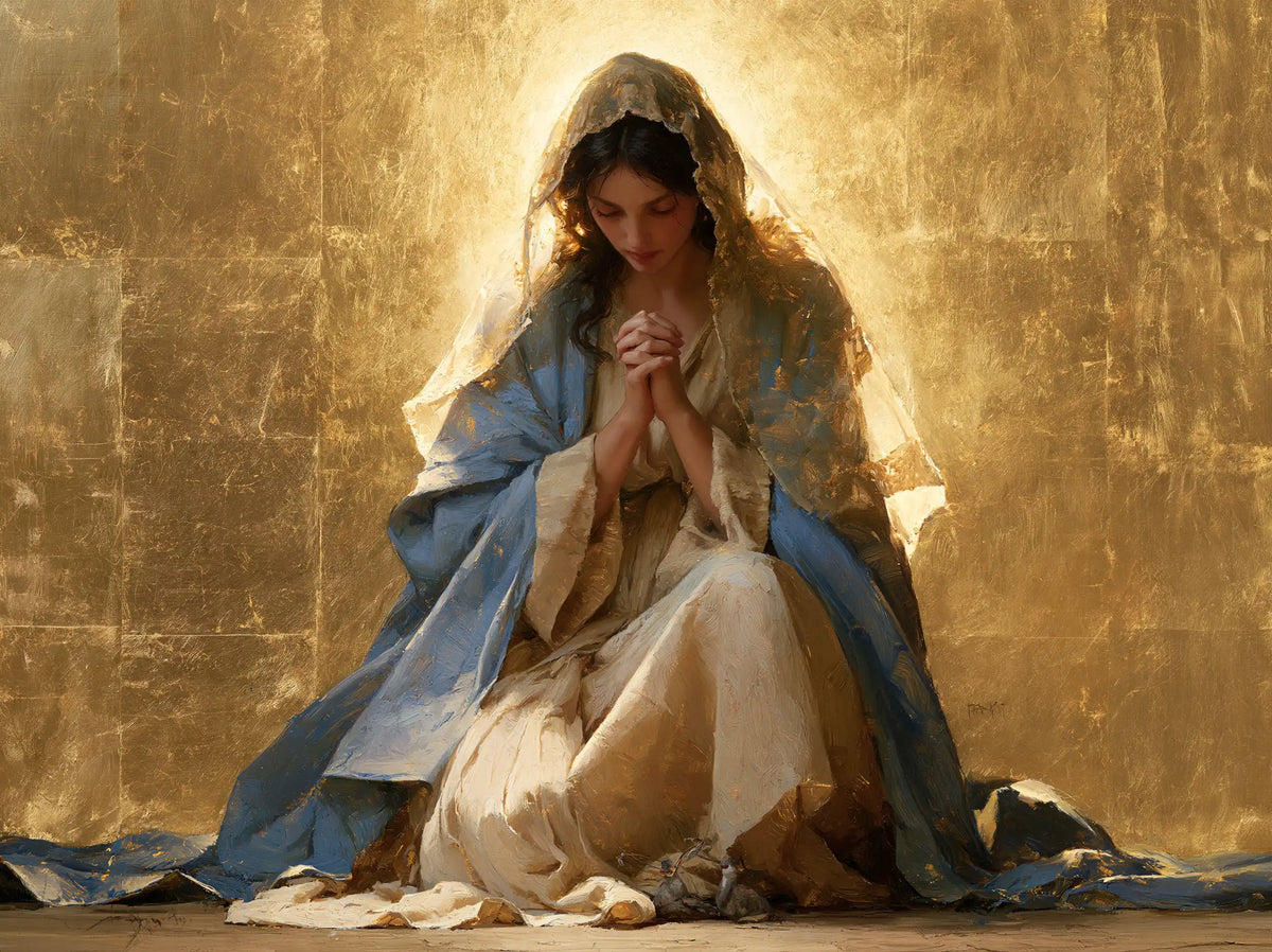 Virgin Mary in Prayer — Dark Curls beneath the Golden Veil