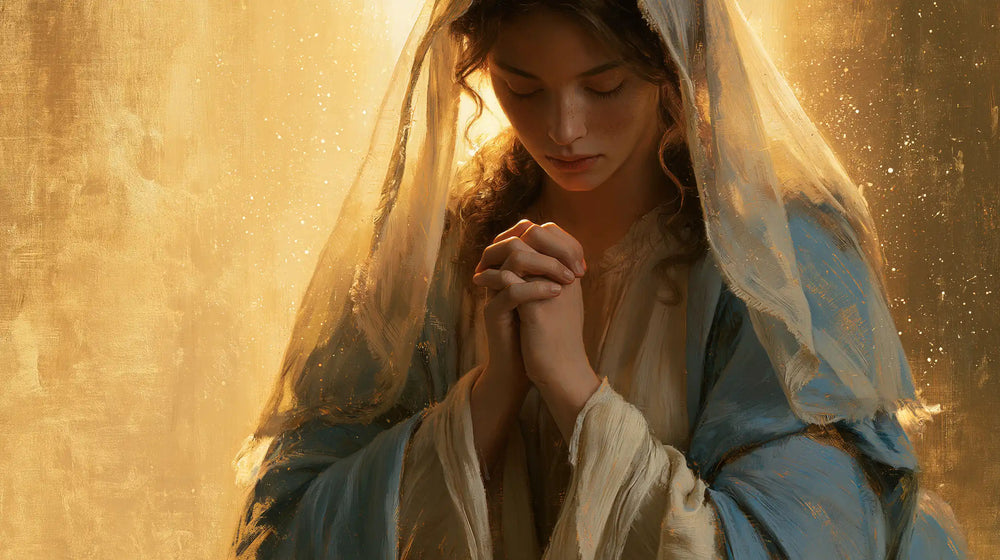 the Virgin Mary in prayer in Sacred Gold style, landscape Christian artwork no. 19