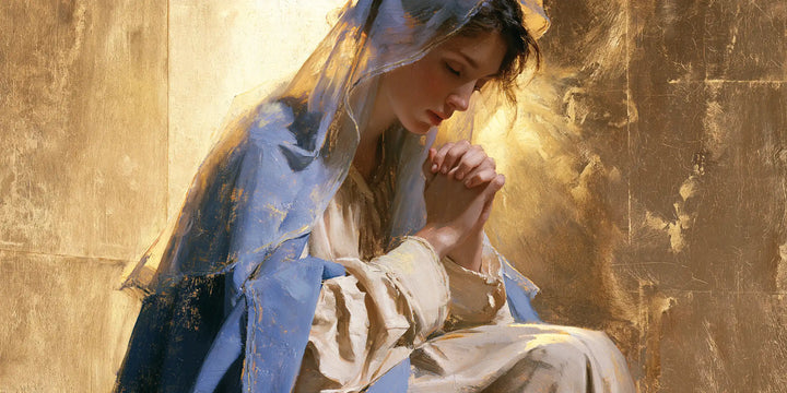 Virgin Mary in Prayer — Periwinkle Blue in Gold