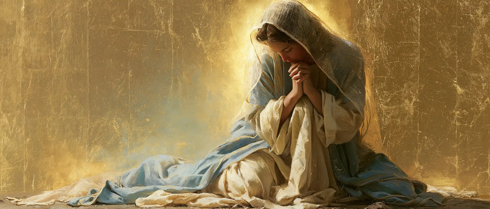 the Virgin Mary in prayer in Sacred Gold style, landscape Christian artwork no. 25