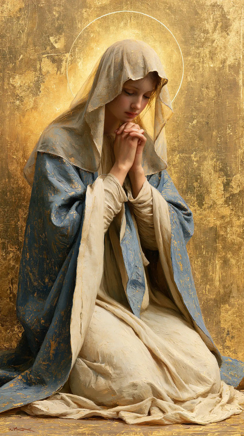 the Virgin Mary in prayer in Sacred Gold style, portrait Christian artwork no. 4