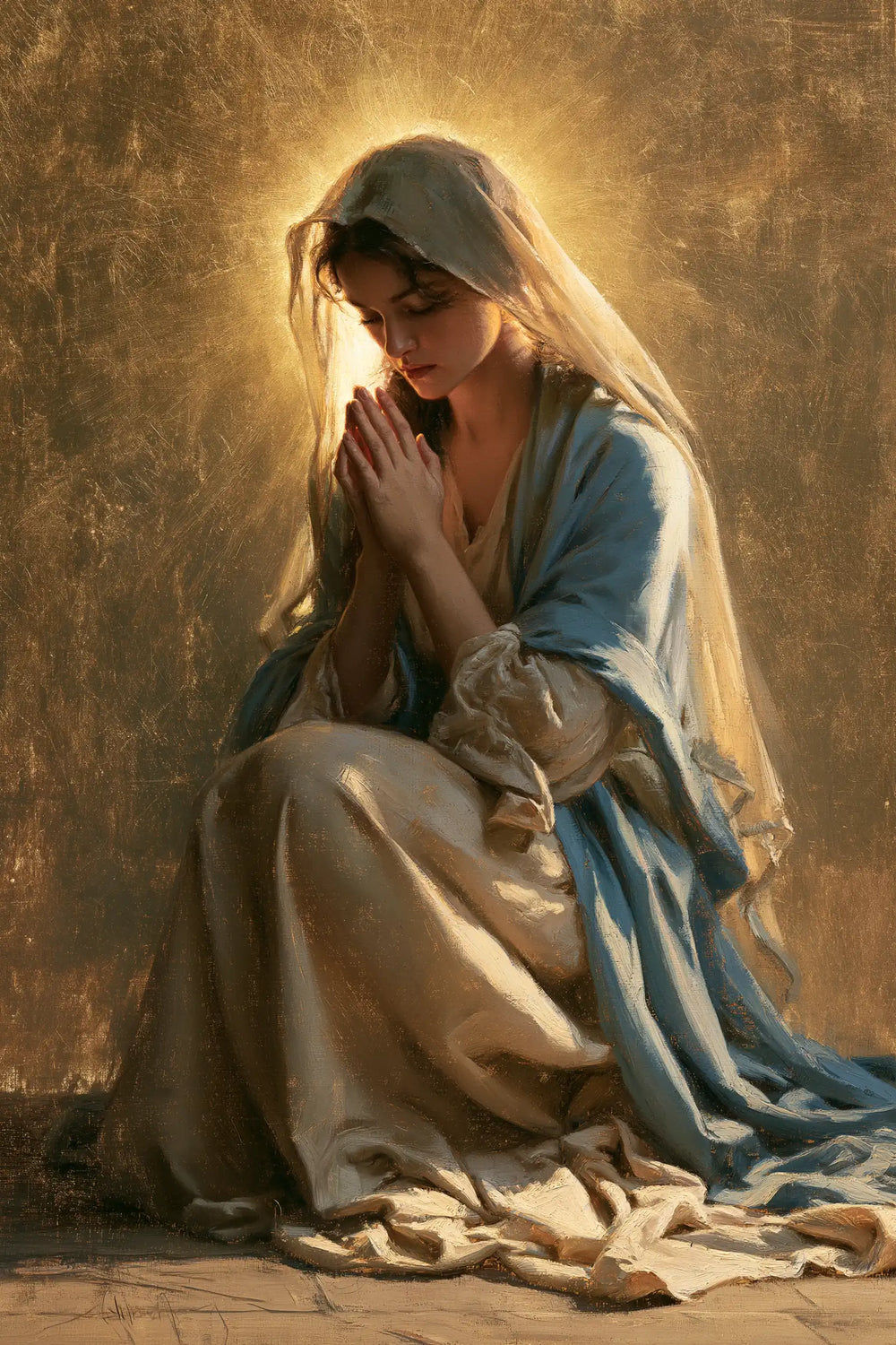 the Virgin Mary in prayer in Sacred Gold style, portrait Christian artwork no. 32