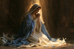 Virgin Mary in Prayer — Linen beneath the Arrow of Light