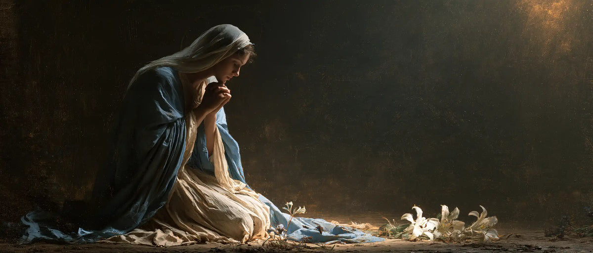 the Virgin Mary in prayer in Symbolist style, landscape Christian artwork no. 17