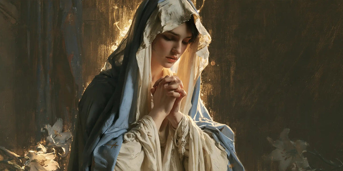 the Virgin Mary in prayer in Symbolist style, landscape Christian artwork no. 25