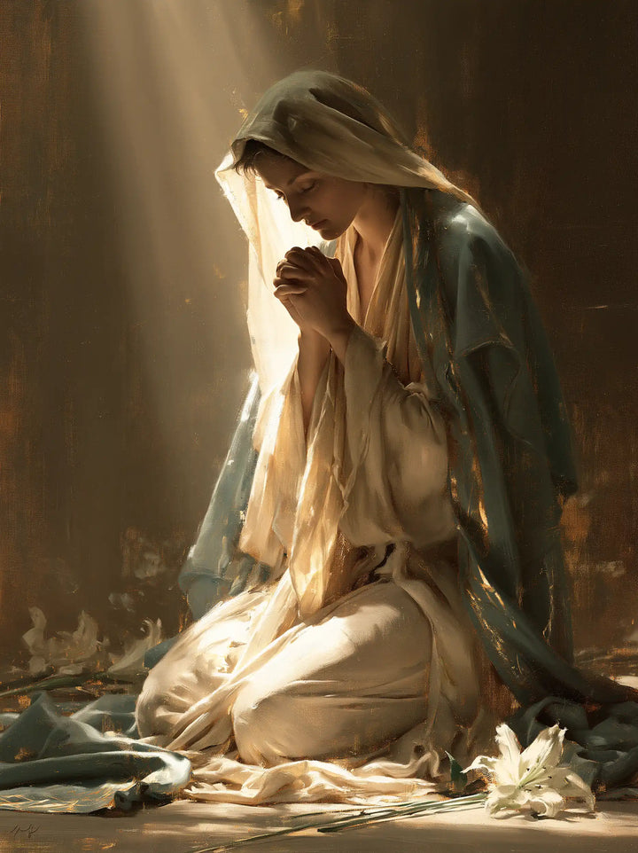 Virgin Mary in Prayer — Grace Among the Flowers
