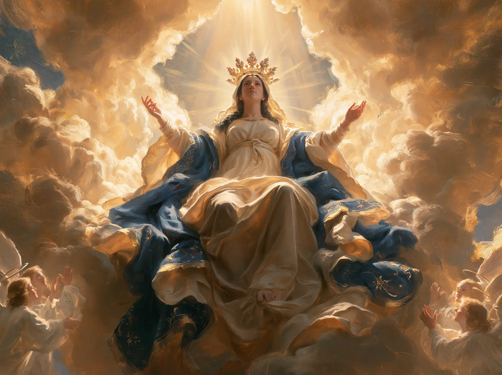 Mary glorified as Queen of Heaven in Heavenly Glory style, landscape Christian artwork no. 2