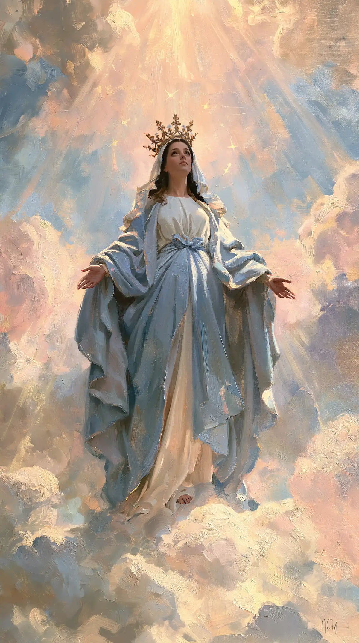 Mary as Queen of Heaven in an impressionist atmosphere in Impressionist style, portrait Christian artwork no. 23