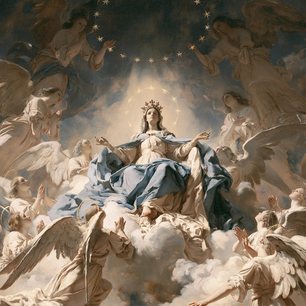 Mary as Queen of Heaven surrounded by angels in Mary Surrounded by Angels style, square Christian artwork no. 2
