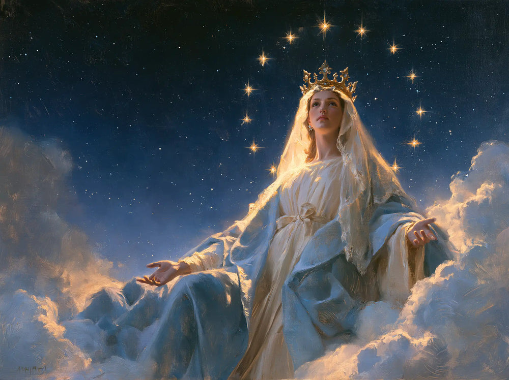 Mary as Queen of Heaven in midnight-blue chiaroscuro in Midnight Blue Chiaroscuro style, landscape Christian artwork no. 2