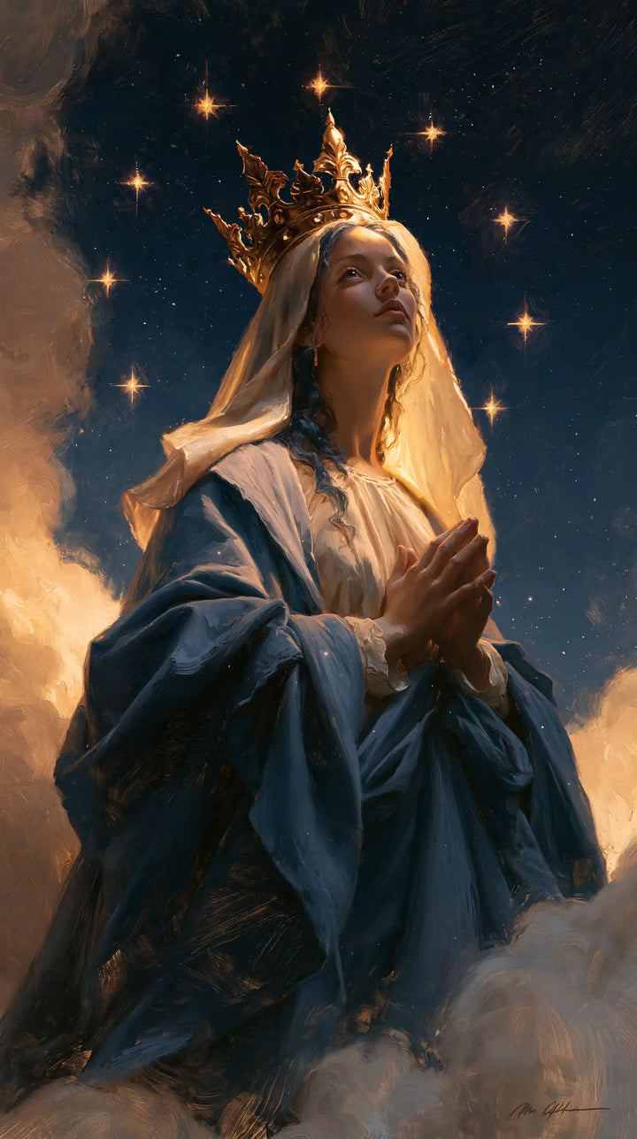 Mary, Queen of Heaven — Prayer in Profile Within the Halo of Stars