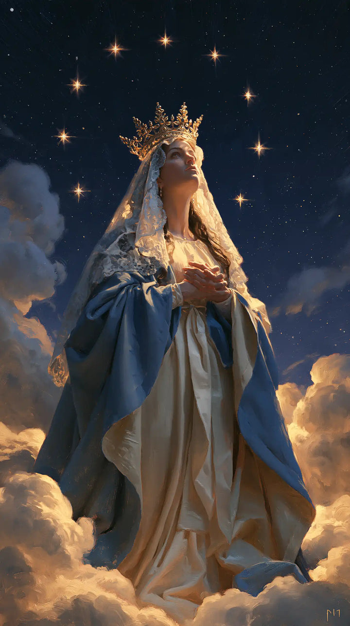 Mary, Queen of Heaven — The Peaceful Heart Beneath the Starry Veil