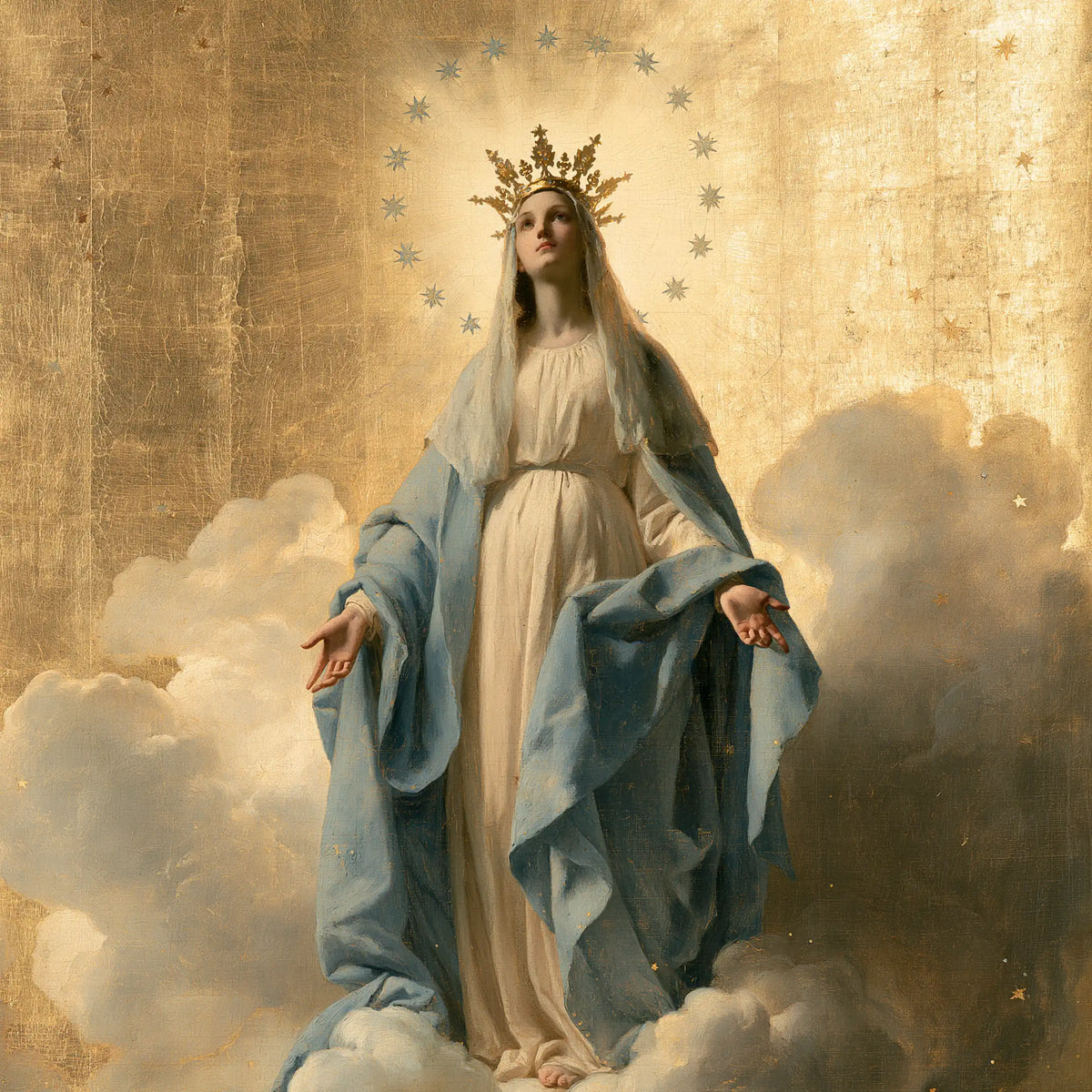 Mary crowned as Queen of Heaven in Sacred Gold style, square Christian artwork no. 9