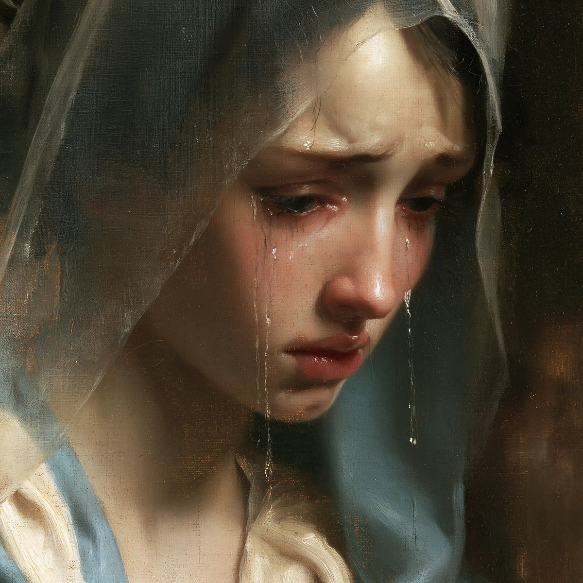 a close portrait of Our Lady of Sorrows in Psychological Close-Up style, square Christian artwork no. 2