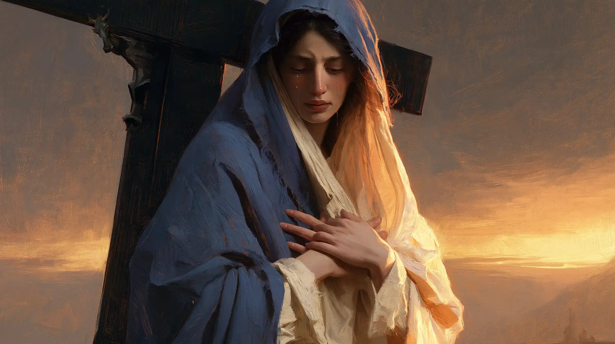 Our Lady of Sorrows between grief and hope in Sorrow and Hope style, landscape Christian artwork no. 15