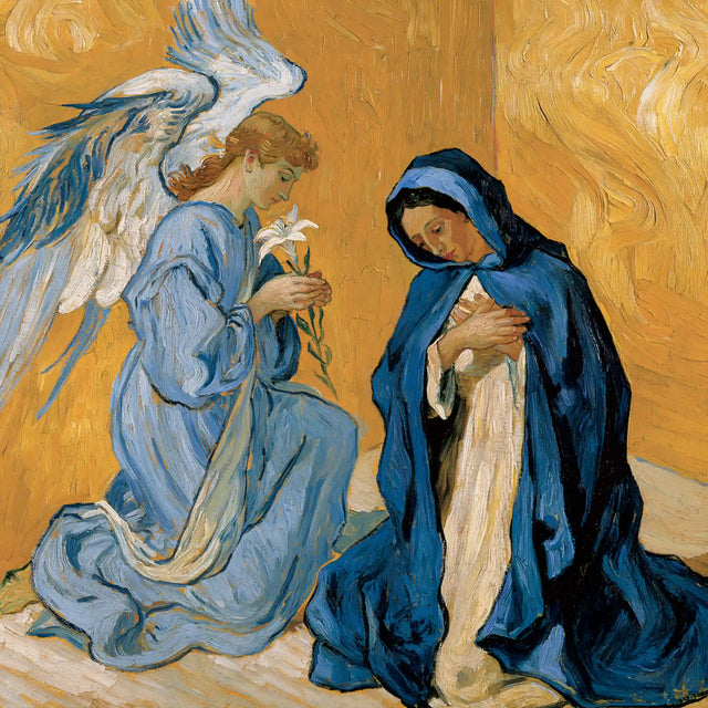 Quiet Annunciation in Blue and Gold – Post-Impressionist Art · Square