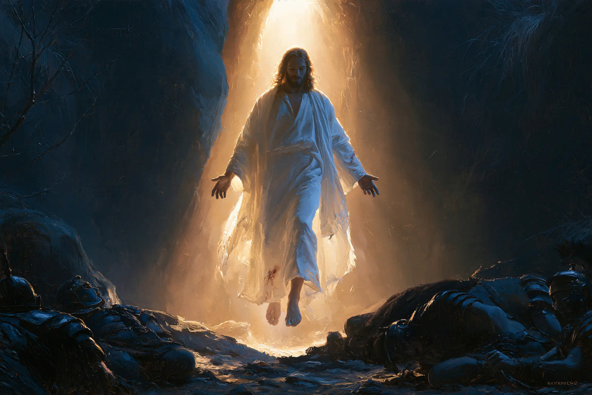 Resurrection of Jesus Christ in Midnight-blue Chiaroscuro style, landscape Christian artwork no. 16
