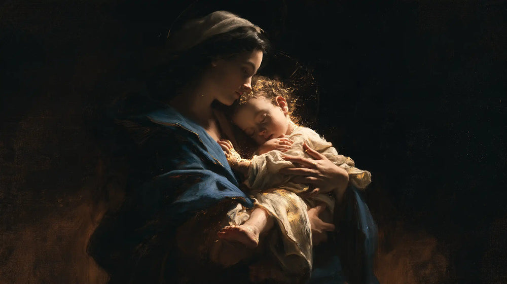 the Virgin Mary holding the Child Jesus in Black and Gold style, landscape Christian artwork no. 13