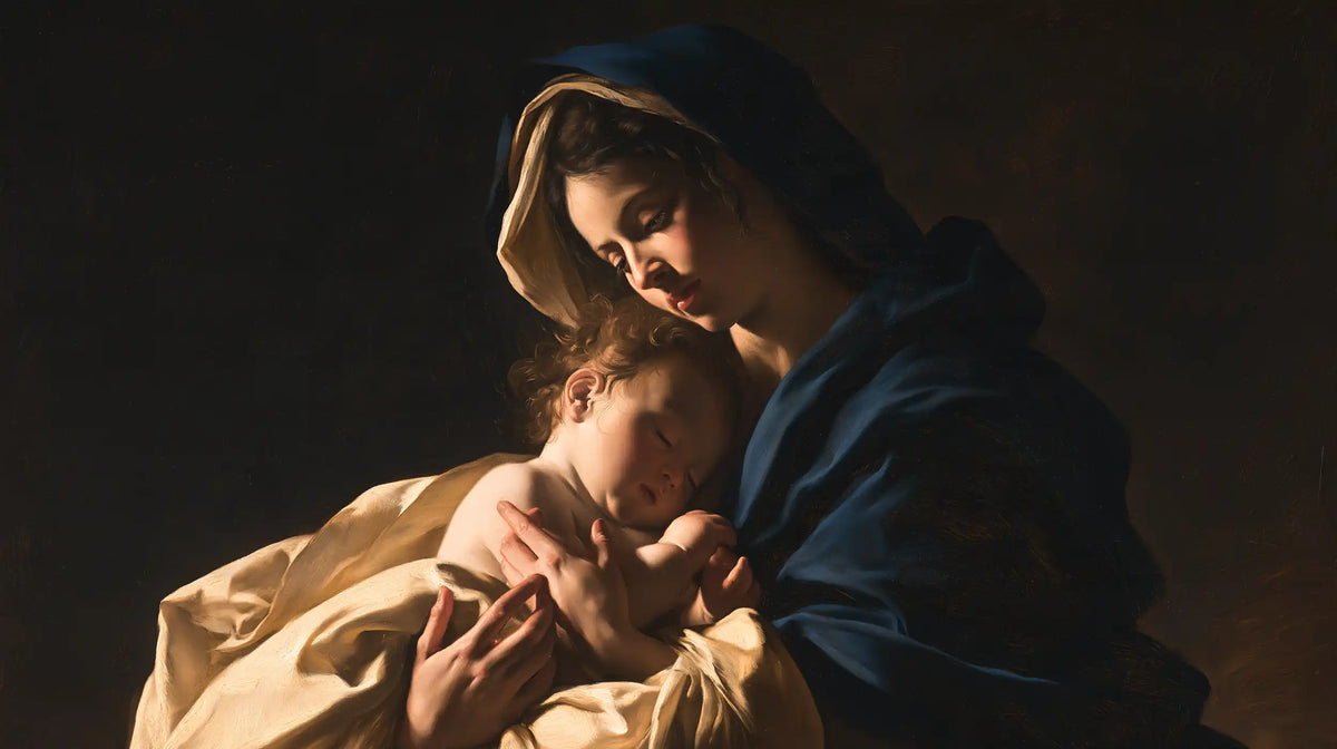 the Virgin Mary holding the Child Jesus in Caravaggio Tenebrism style, landscape Christian artwork no. 13