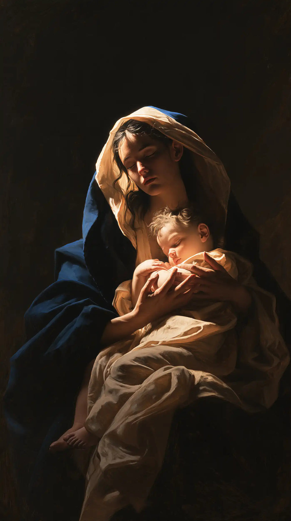 the Virgin Mary holding the Child Jesus in Caravaggio Tenebrism style, portrait Christian artwork no. 9