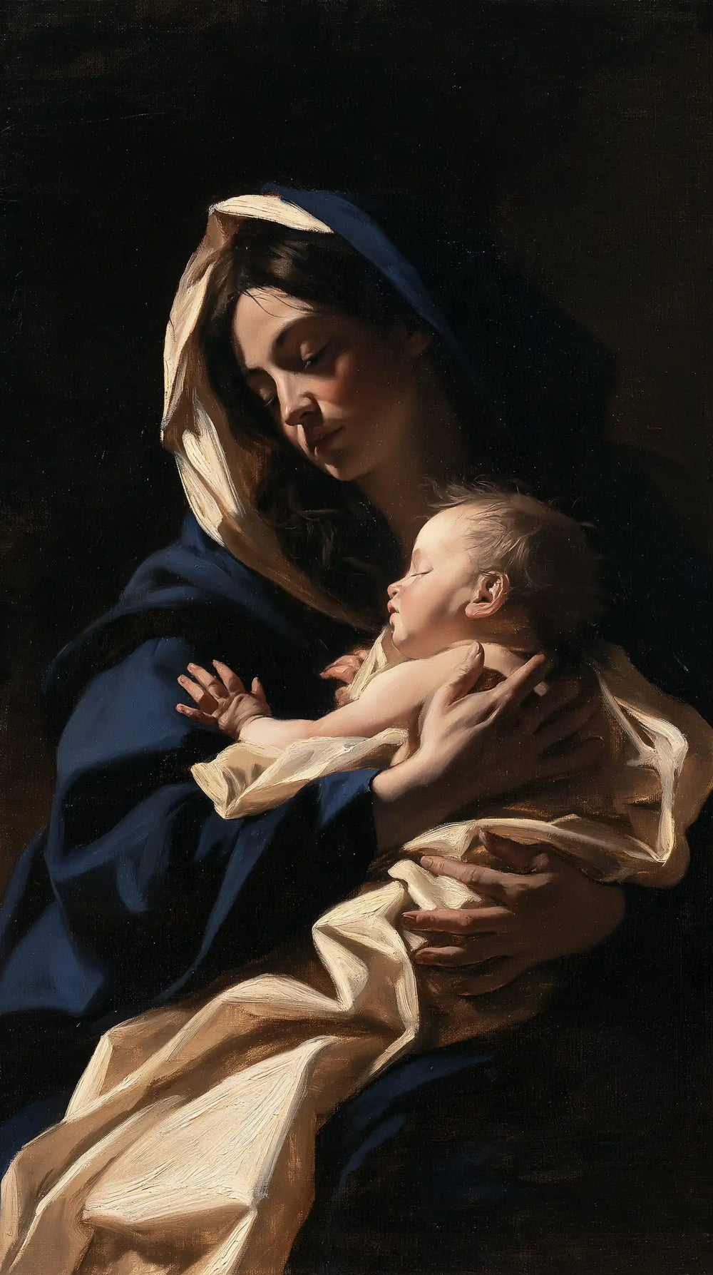 the Virgin Mary holding the Child Jesus in Caravaggio Tenebrism style, portrait Christian artwork no. 11
