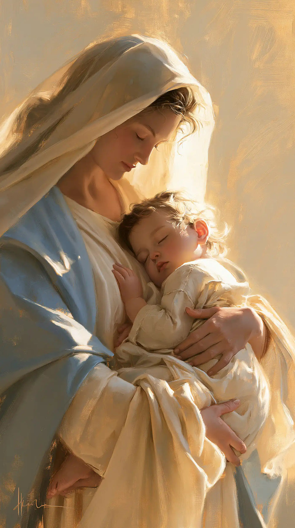 the Virgin Mary and the Child Jesus in peaceful repose in Heavenly Peace style, portrait Christian artwork no. 1