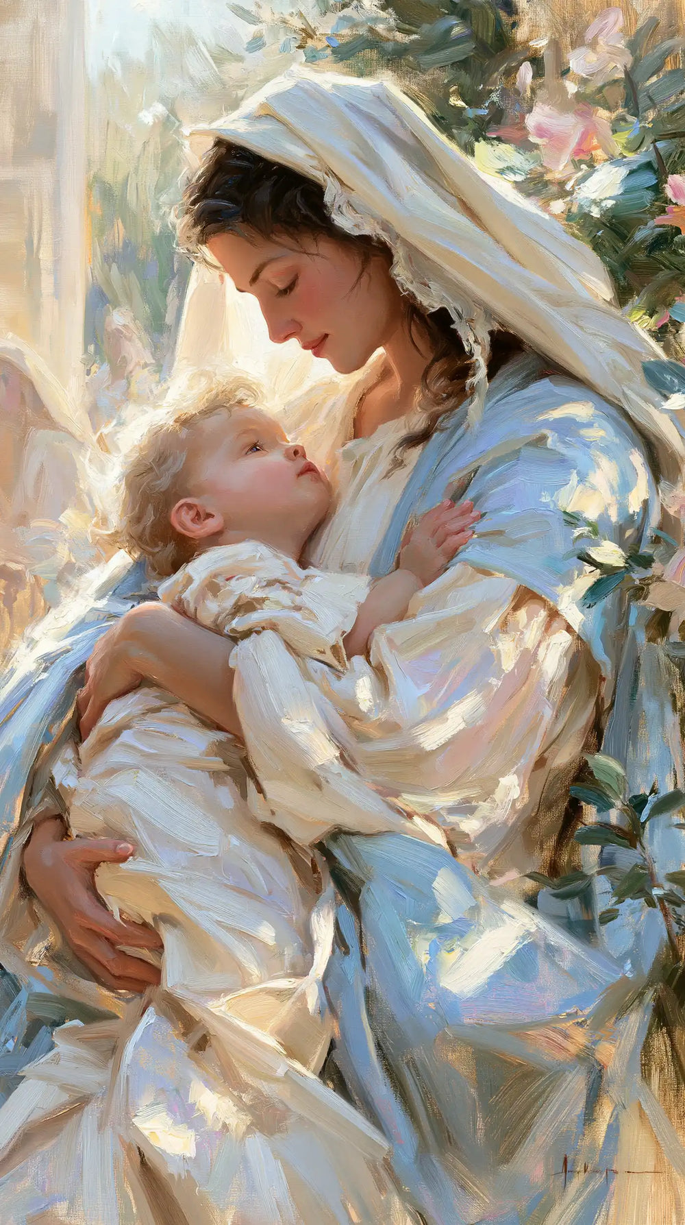 the Virgin Mary and the Child Jesus together in Impressionist style, portrait Christian artwork no. 4