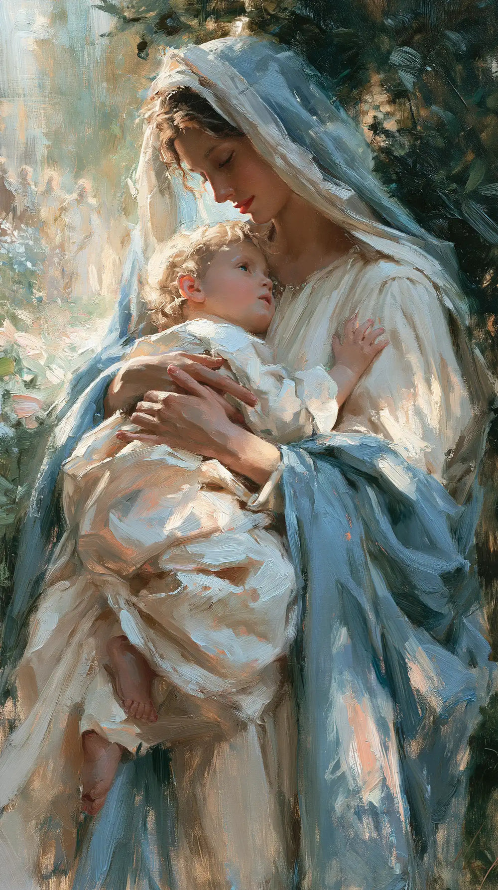 the Virgin Mary and the Child Jesus together in Impressionist style, portrait Christian artwork no. 32