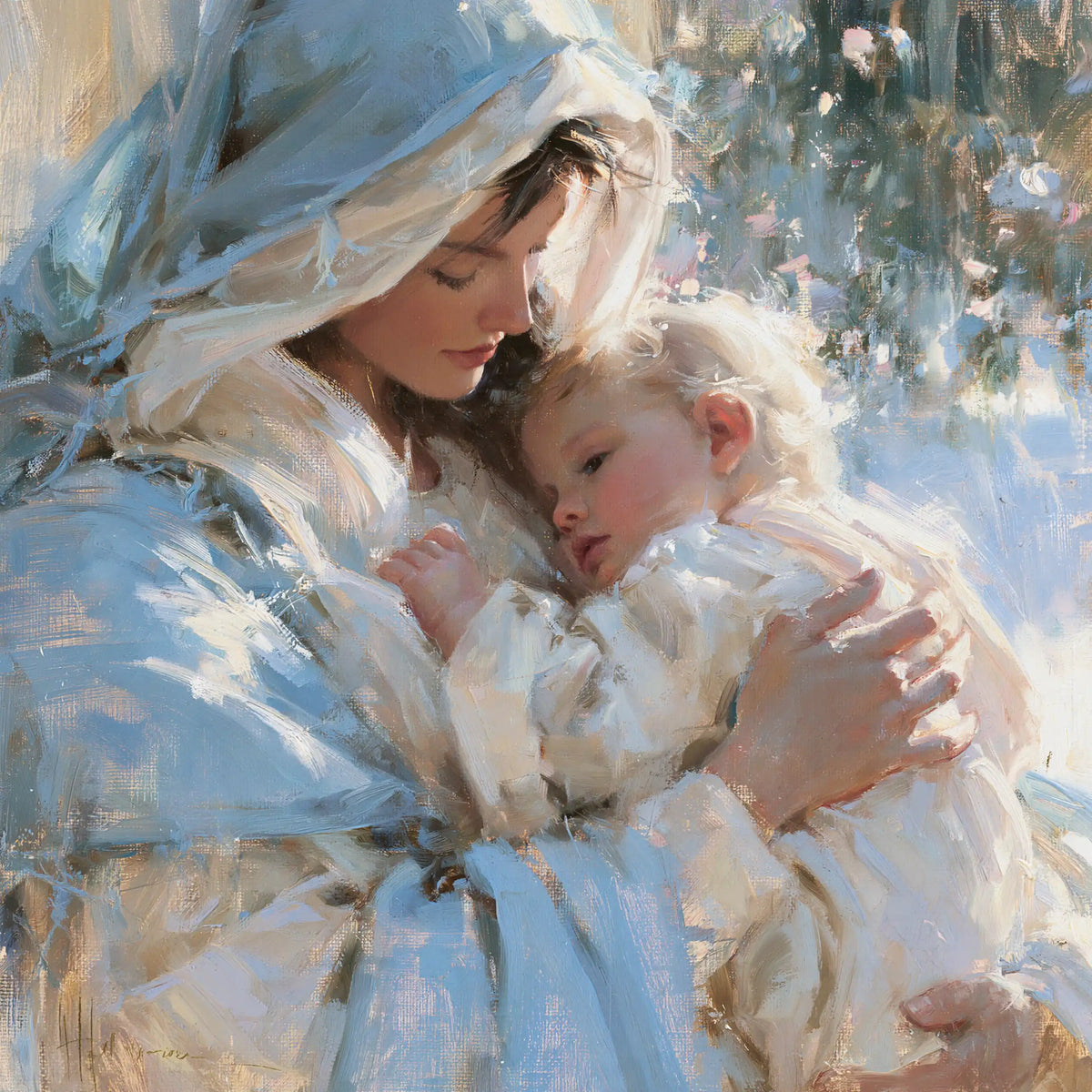 the Virgin Mary and the Child Jesus together in Impressionist style, square Christian artwork no. 9