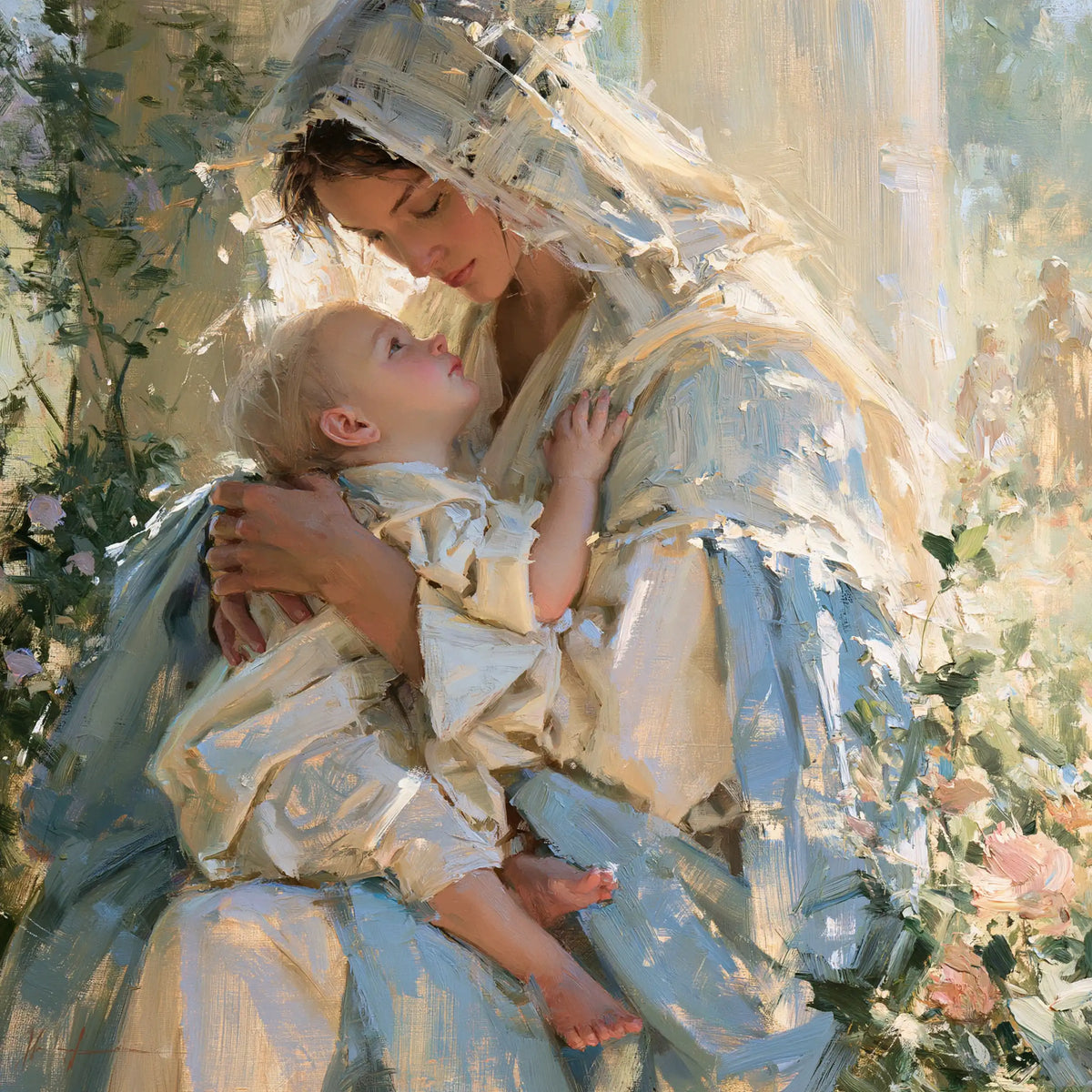 the Virgin Mary and the Child Jesus together in Impressionist style, square Christian artwork no. 10