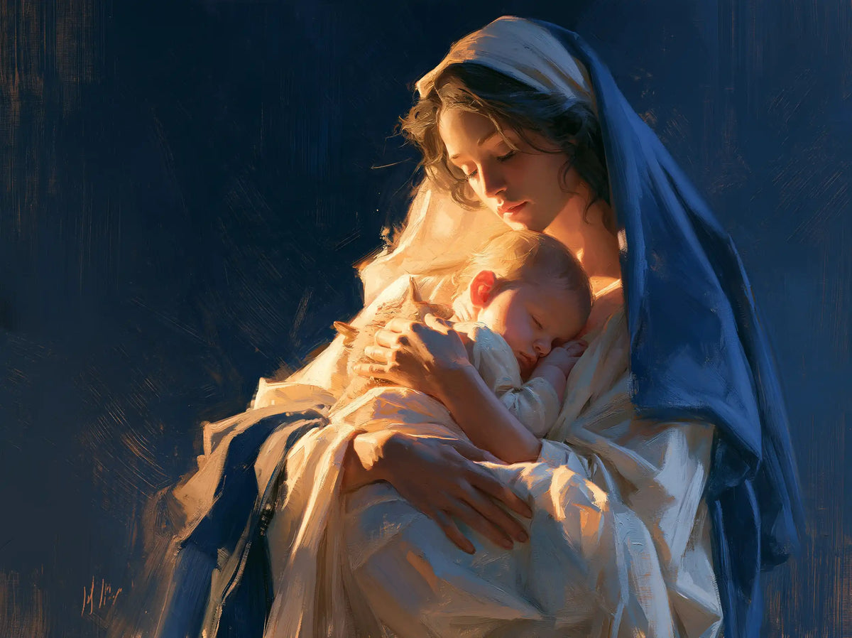 the Virgin Mary and the Child Jesus in Midnight Blue Chiaroscuro style, landscape Christian artwork no. 3