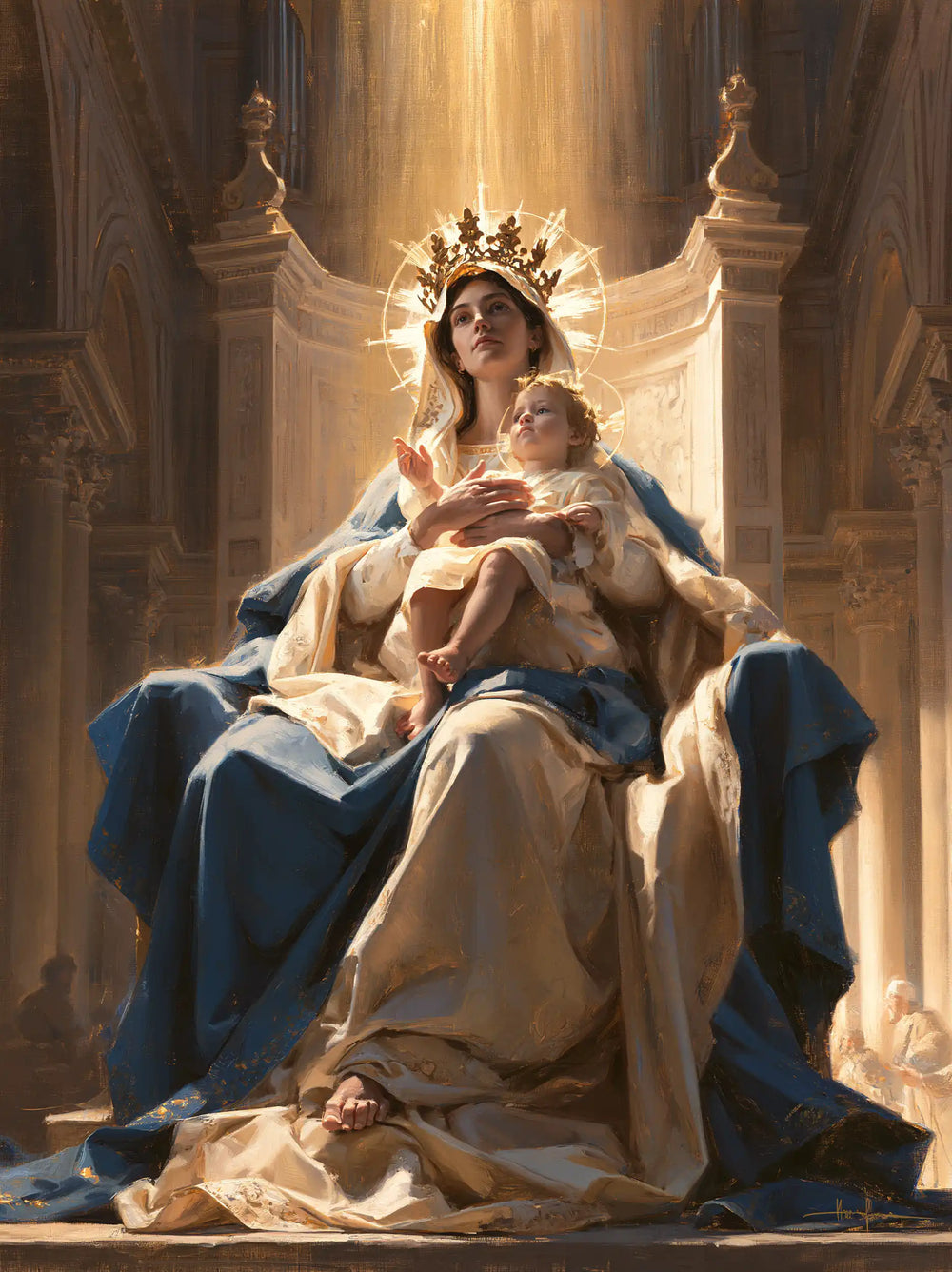 the Virgin Mary and the Child Jesus in a majestic composition in Sacred Monumental View style, portrait Christian artwork no. 26